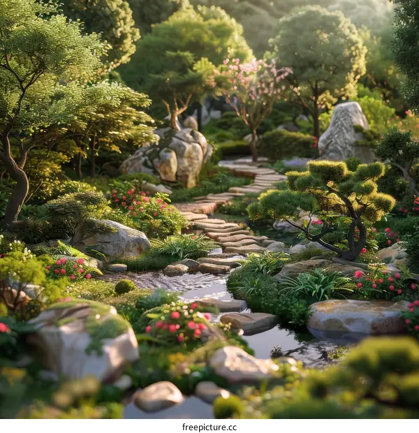 Zen Garden Landscape with Water Features