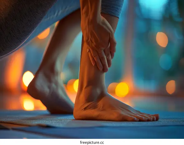 Close-up of a woman's foot and hand during yoga