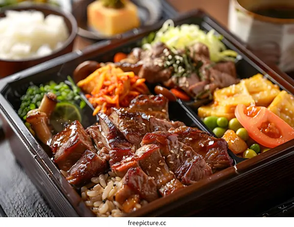 A delicious bento box with beef, vegetables, and rice