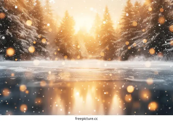 A beautiful winter landscape with a frozen lake and snow-covered trees