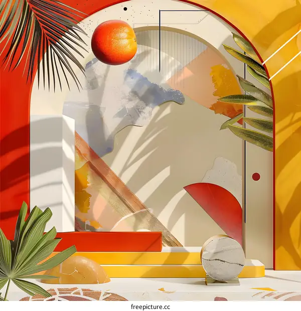 Abstract 3D Geometric Shapes With Orange and Palm Leaves