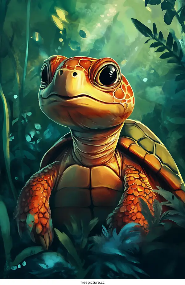 Cute Cartoon Turtle Illustration With Green Background