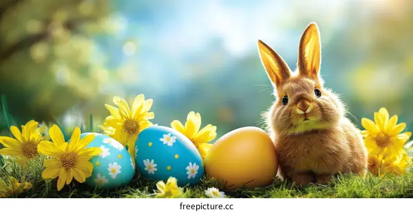 Easter Bunny with Colorful Eggs and Flowers