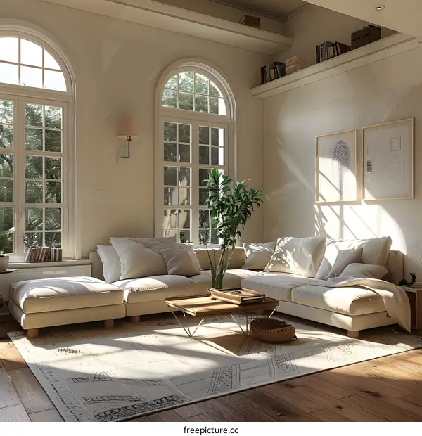 Living room with arched windows