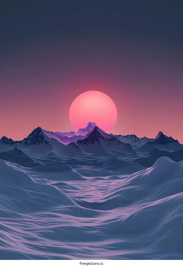 Pink Sunset Over Snowy Mountains
