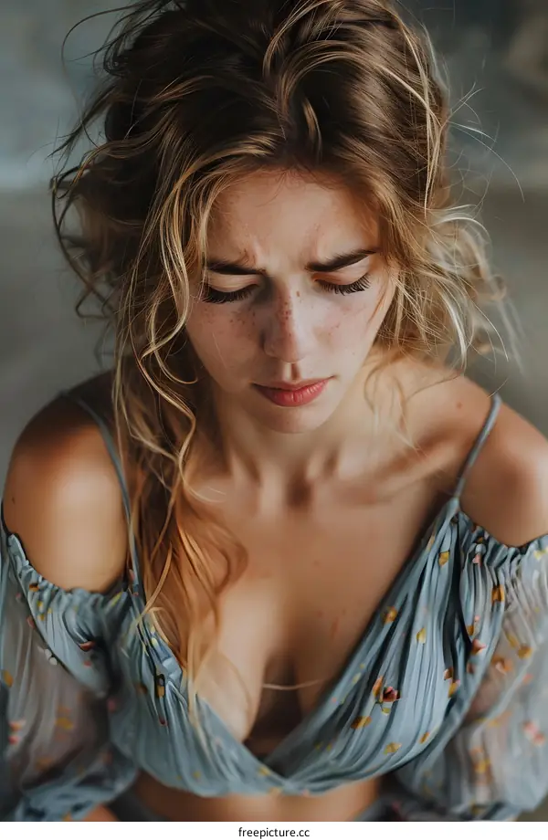 Portrait of a Young Woman with Freckles and Long Blonde Hair