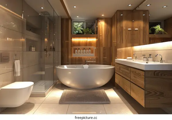 Modern Luxury Bathroom Design with Warm Wood Accents