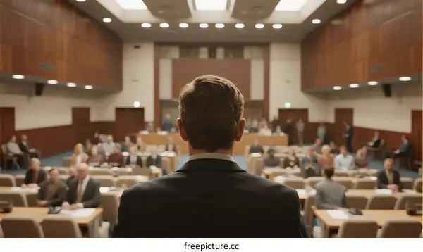 Man standing in front of audience during business meeting