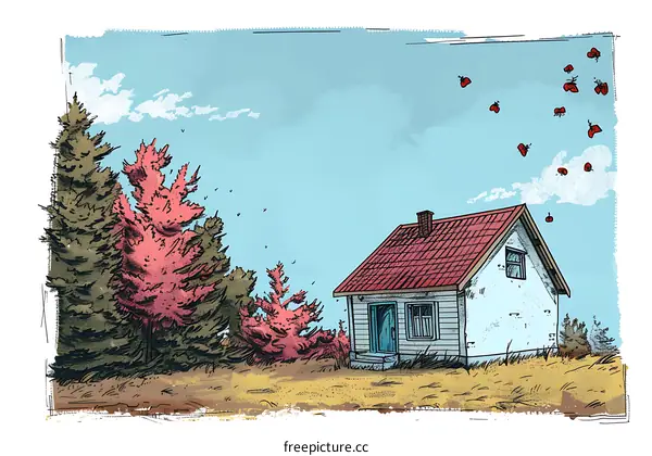 Hand Drawn Illustration of a Small Cottage in the Woods