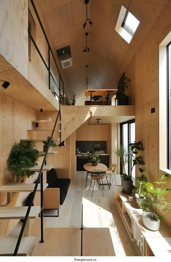 Modern Plywood House Interior Design with Staircase and Loft