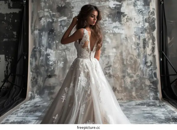 Bride in a white wedding dress posing in a studio