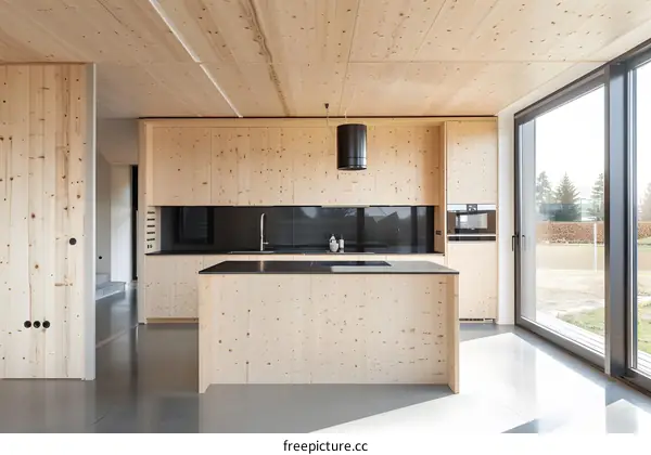 Modern Kitchen With Wood Paneling And Black Countertops
