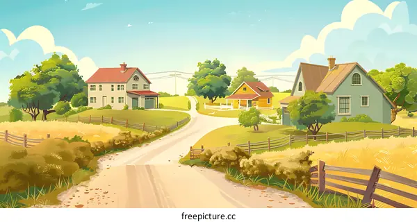 Countryside Houses with Roads and Fields