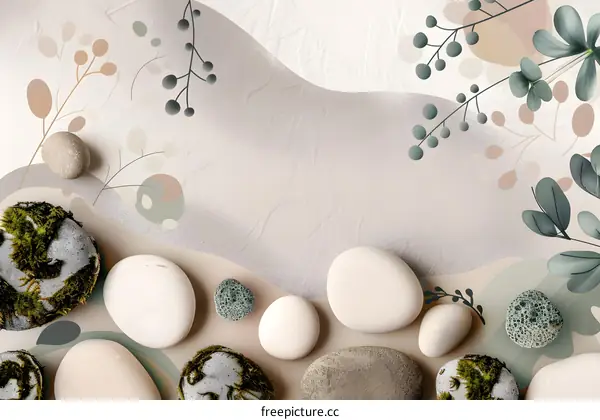 Abstract Beige and Green Background with Stones and Branches