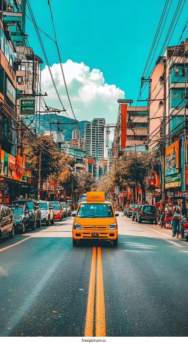 Yellow Taxi Driving Through a City Street in the Philippines