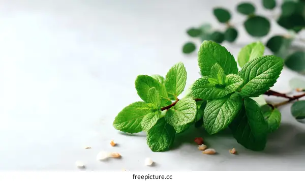 Fresh Mint Leaves on a Light Gray Background