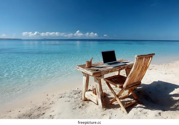Beachside Workspace with Laptop