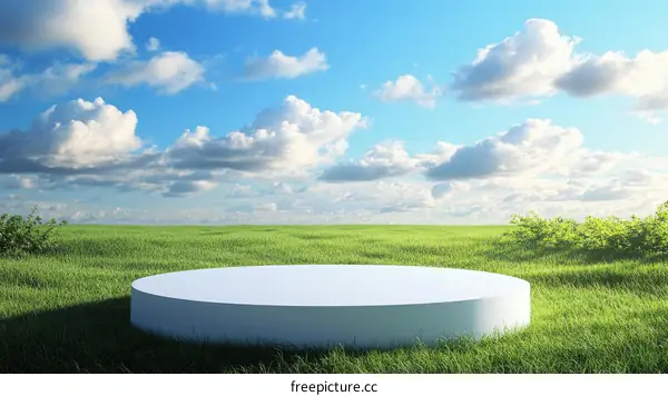Blank White Circle Podium on Green Grass Landscape