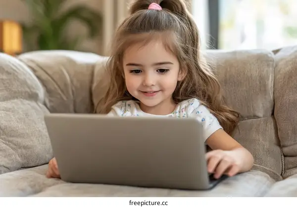 Little Girl Using Laptop at Home