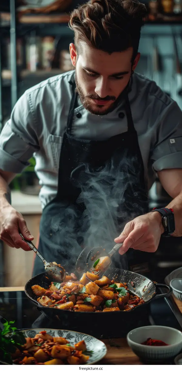 Focused male chef cooking delicious food in a pan