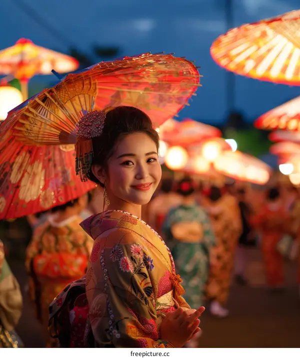 A Japanese woman in a kimono smiling and holding a red umbrella.