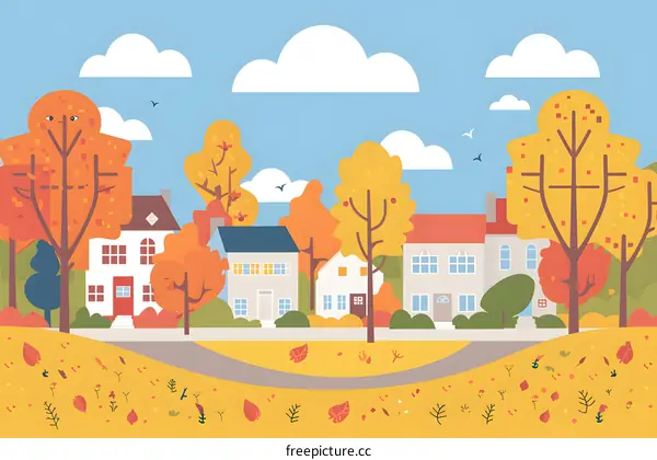 Autumn Landscape With Colorful Trees and Houses