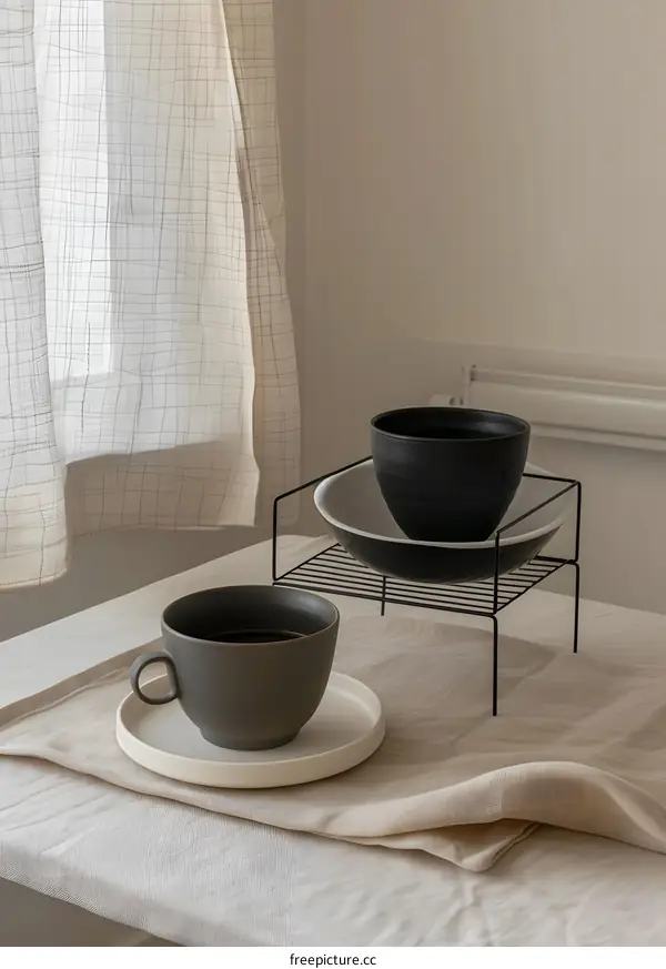 Black Ceramic Cup and Saucer on a Beige Tablecloth with a Metal Stand