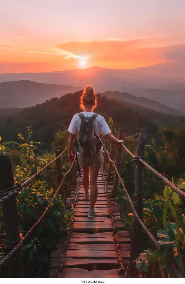 Woman Walking on a Rope Bridge at Sunset with a Backpack
