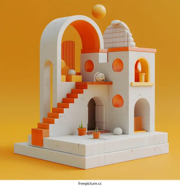 3D illustration of a white and orange building