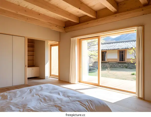 Minimalist Japanese Bedroom with Wooden Beams and Large Windows