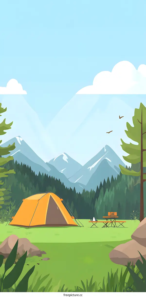 Camping in the Mountains with a Tent and Picnic Table