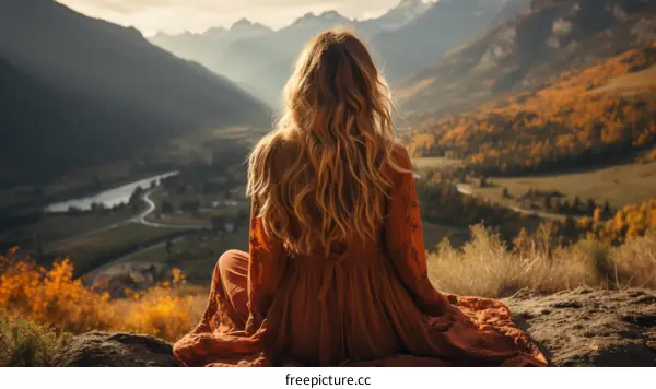 girl sitting on a rock and looking at the mountains