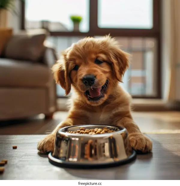 Cute Golden Retriever Puppy Eating from a Silver Bowl
