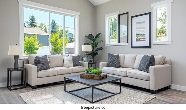 Modern Living Room Interior Design with Large Windows