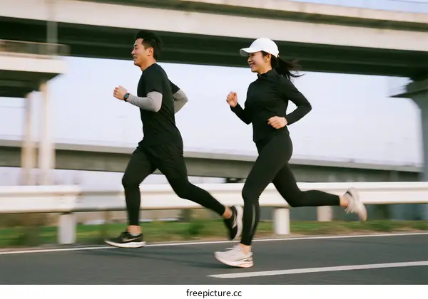 Two people jogging outdoors on a road with overpass in the background