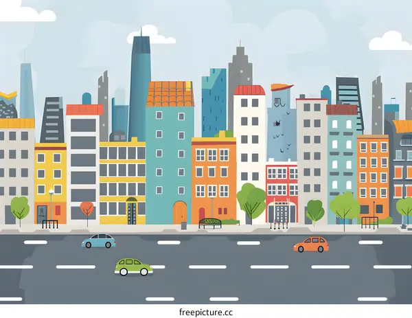 Colorful Cityscape with Modern Buildings and Cars