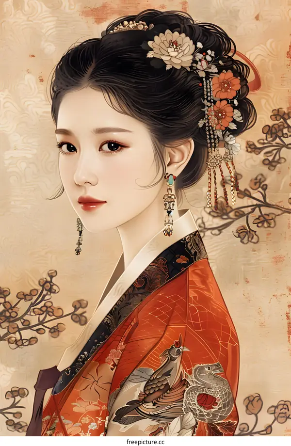 Elegant Asian Woman in Traditional Hanfu Dress with Flowers and Bird Embroidery