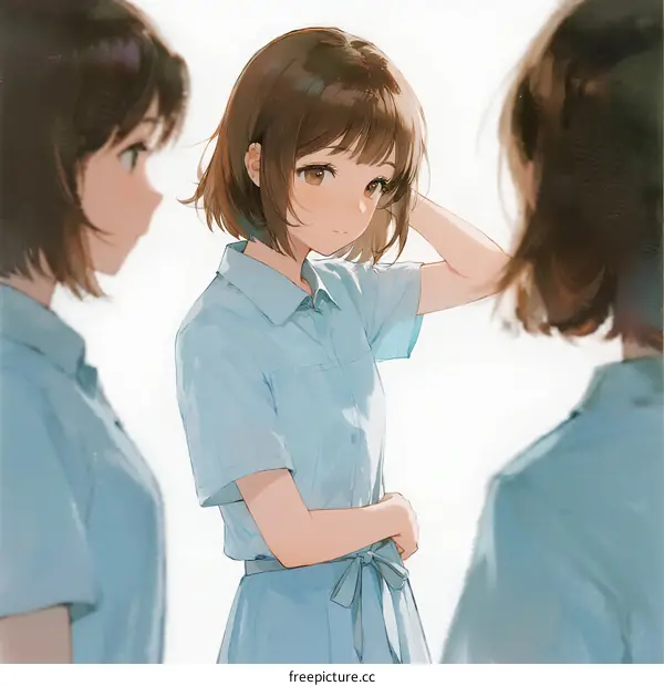 Three young women in light blue uniforms with short hair