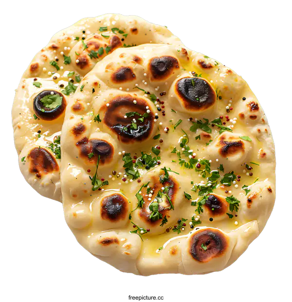 [Transparent Background PNG]Two pieces of Naan bread with herbs and spices