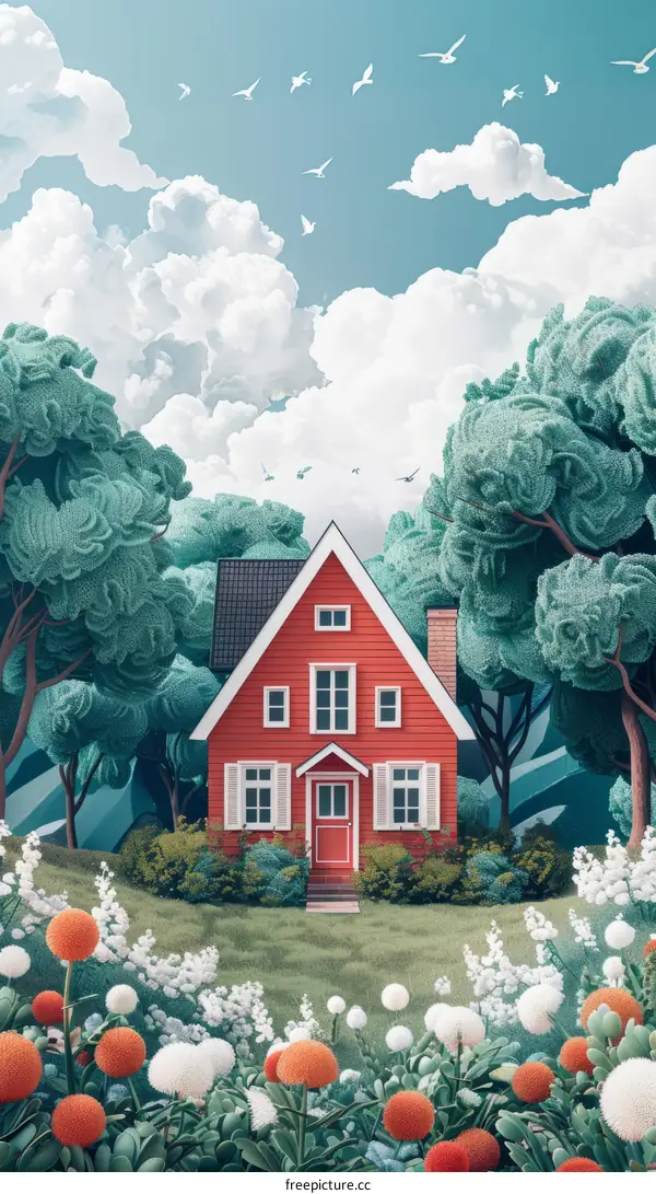 Small Crimson Cottage Nestled in a Verdant Forest