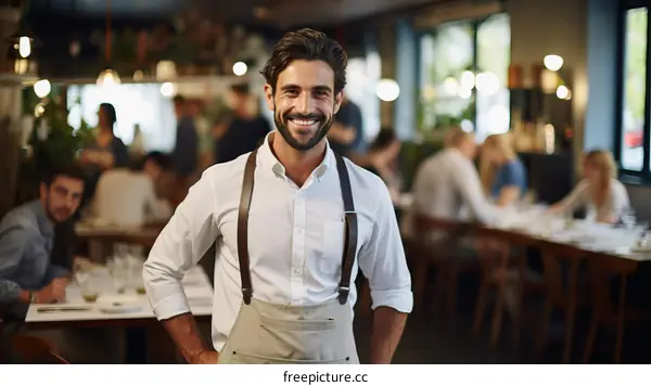 Portrait of a happy waiter in a restaurant