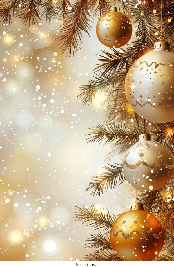 Christmas ornaments hanging on a snowy pine tree branch