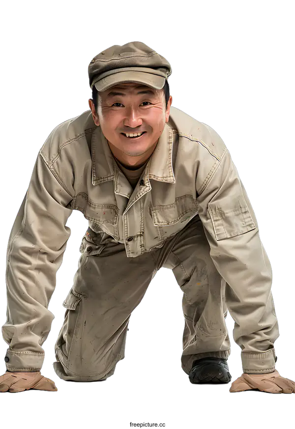 [Transparent Background PNG]Asian worker wearing cap and gloves crouching and smiling