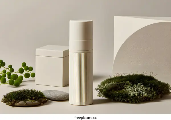 White Cosmetic Bottle with Green Moss and Stones Minimalist Product Photography