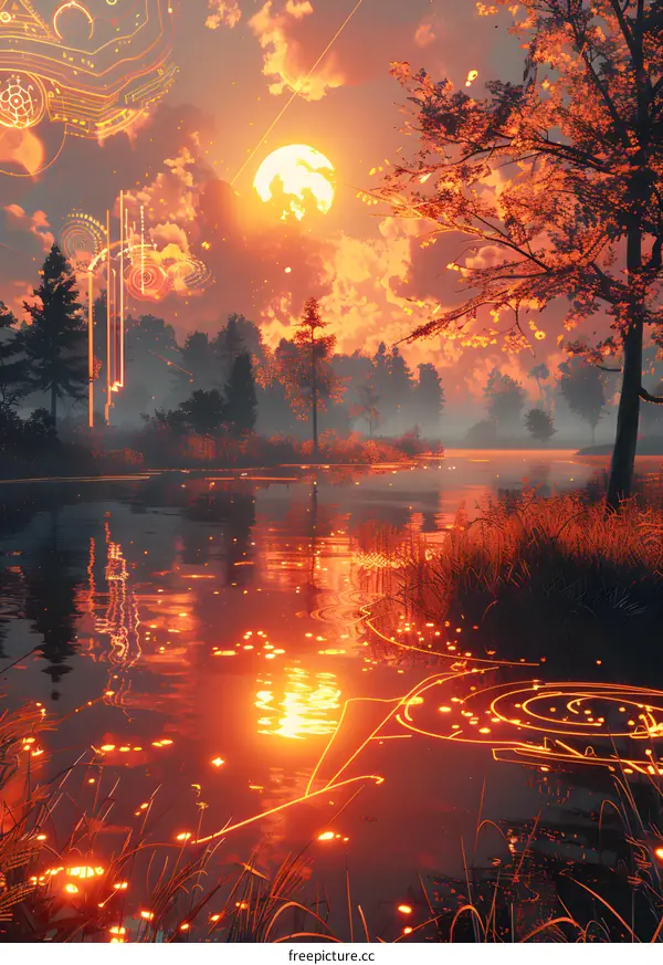 The setting sun reflects on the lake in the middle of the forest