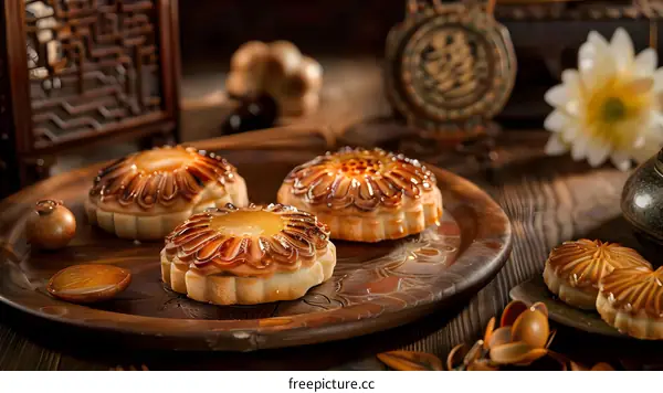 Closeup Of Delicious Moon Cakes With Brown And Yellow Glaze On Wooden Tray