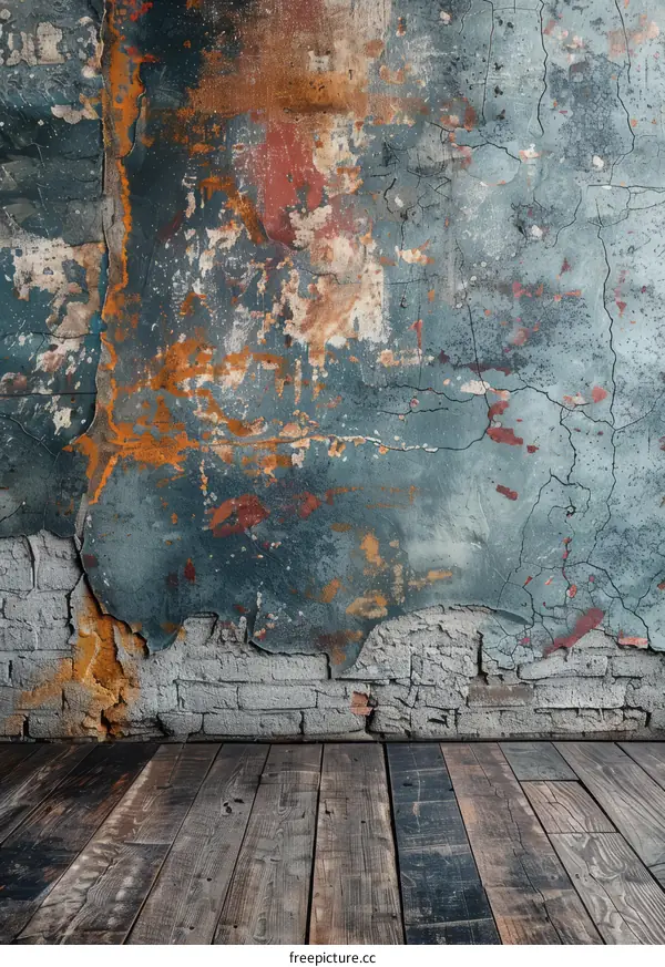 Distressed Blue and Brown Grunge Wall with Wooden Floor