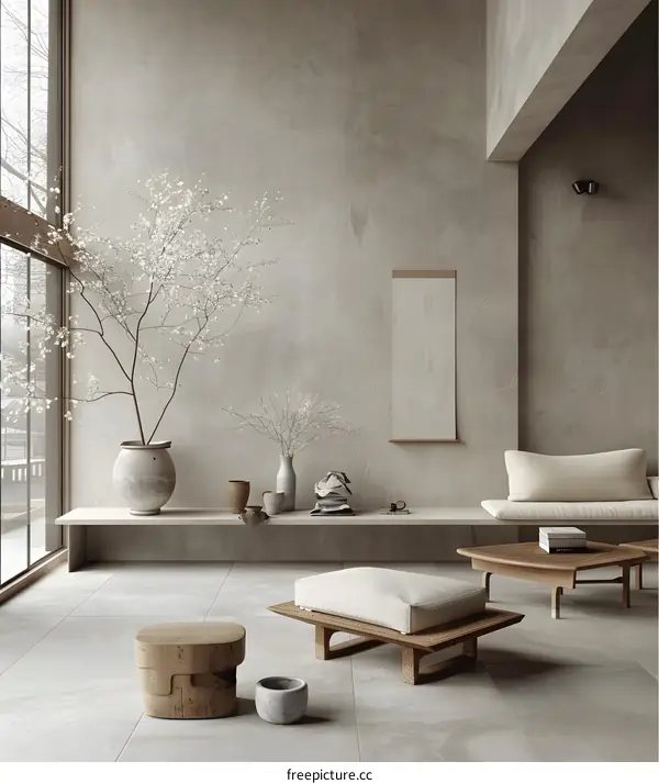Minimalist Japanese Style Living Room Interior Design With Wooden Furniture And White Flowers