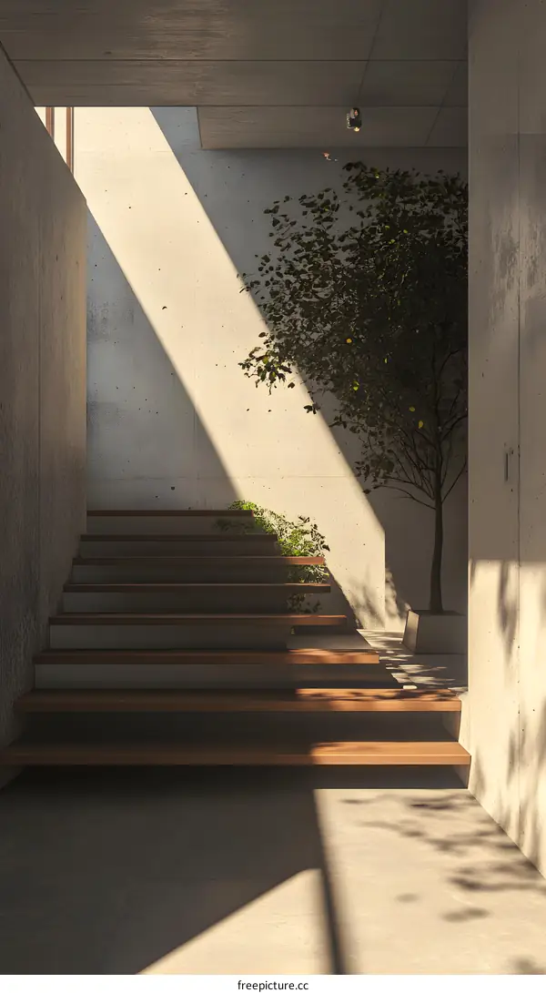Minimalist Concrete Staircase with Sunbeams and Greenery