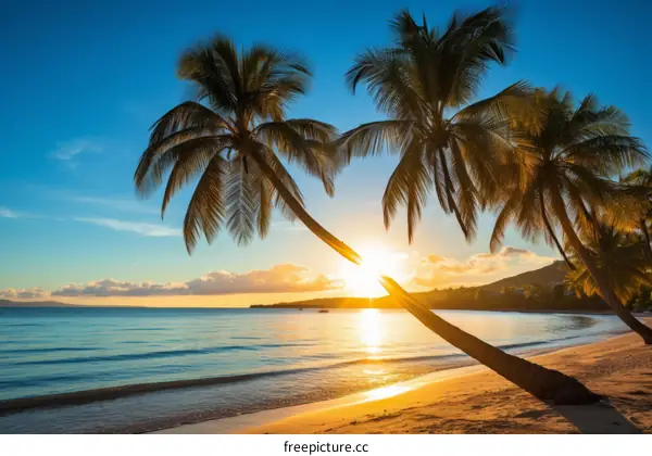 Beach sunset with palm trees